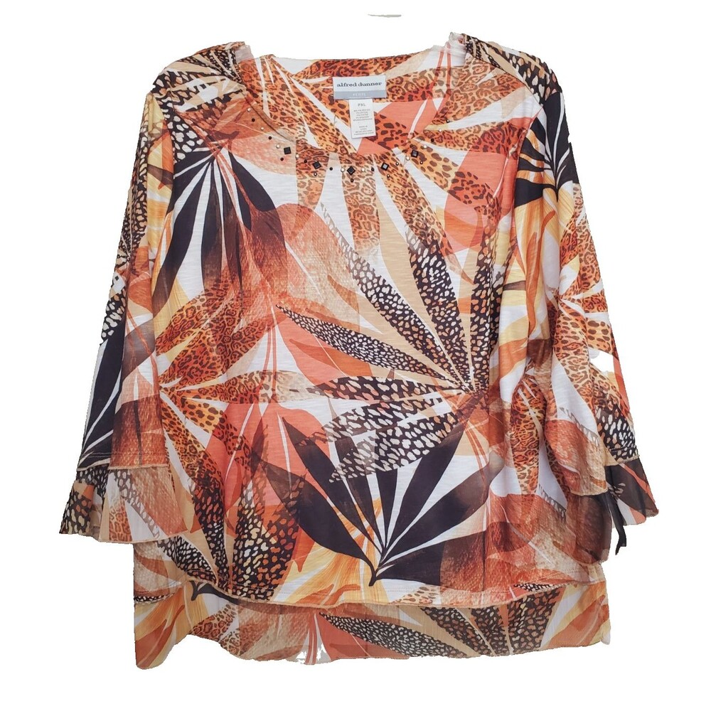 Alfred Dunner Petite Animal Leaf Print Studded Chiffon Hem Blouse Size PXL